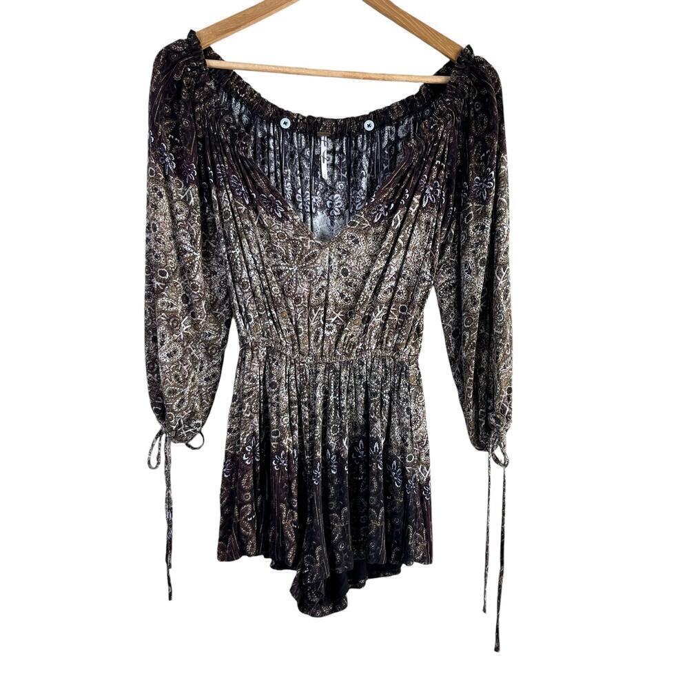 Free People So Divine Off The Shoulder Romper in Brown Cream Paisley Print, XS